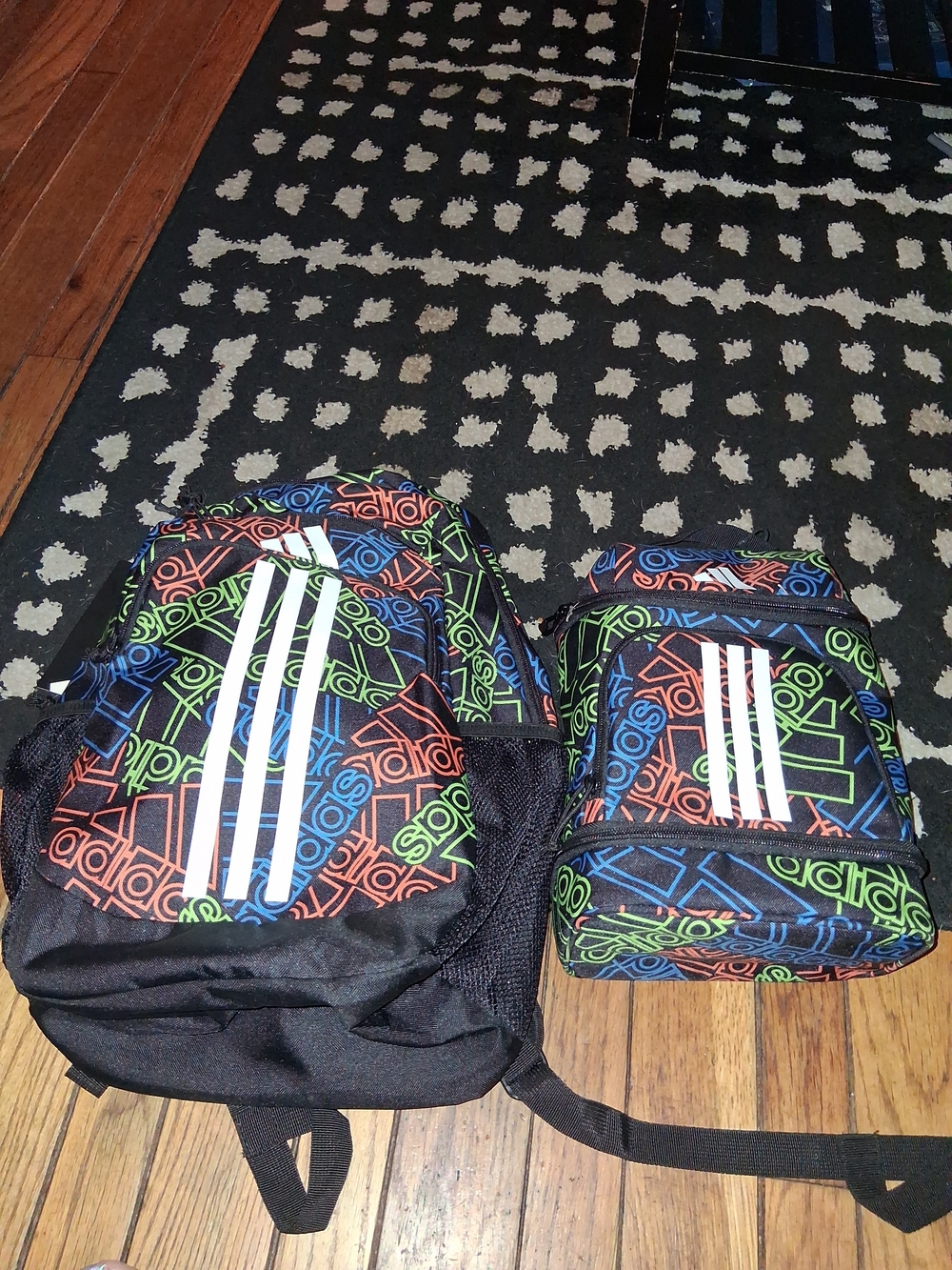 adidas Black Backpack and Matching Lunch Bag with Multicolor Logo Print